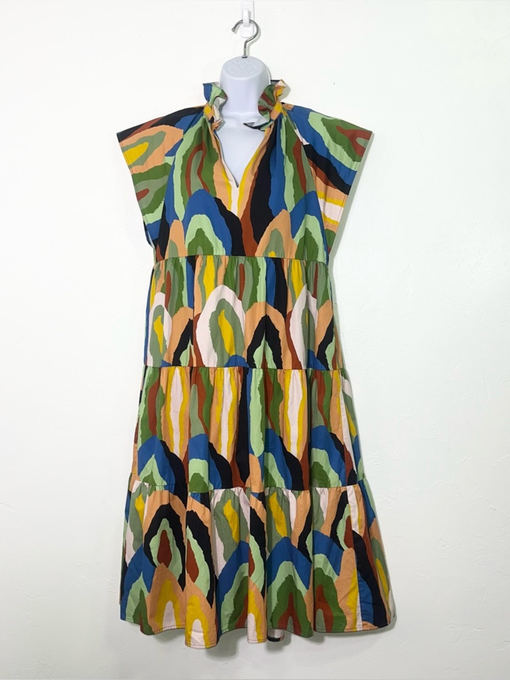 CROSBY by Mollie Burch Watts Dress Geode Print Abstract Tiered Midi Cotton - Picture 10 of 12